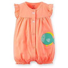 Carter's Girls Orange Polka Dot Flutter Sleeve Romper with Fish Embroidered Applique