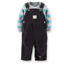 Carter's Boys 2 Piece Blue/Grey Striped Long Sleeve Top and Corduroy Overall Set