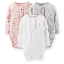 Carter's Girls 3 Pack Henley Long Sleeve Bodysuits - Polka Dot, Grey Striped, Scotty Dog Printed