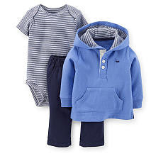 Carter's Boys 3 Piece Navy Kangaroo Pocket Henley Pull Over Hoodie, Striped Short Sleeve Bodysuit and Pant Set