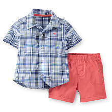 Carter's Boys 2 Piece Blue Plaid Button Up Short Sleeve Shirt and Pink Woven Short Set - Toddler