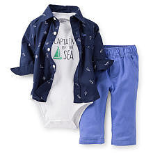 Carter's Boys 3 Piece Navy Schiflli Button Down Shirt, "Captain of the Sea" Short Sleeve Bodysuit and Blue Pant Set