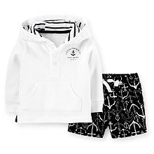 Carter's Boys 2 Piece White Henley Kangaroo Front Pocket Henley Hoodie and Black/White Anchor Print Shorts