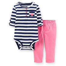 Carter's Girls 2 Piece Navy Striped Roll Cuff Henley Bodysuit and Pink Pant Set