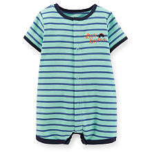 Carter's Boys Turquoise Striped Snap Front Romper with Dinosaur Turn Me Around Detail