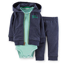 Carter's Boys 3 Piece Dark Grey Zip Up Hoodie, Striped Bodysuit and Terry Pant Set