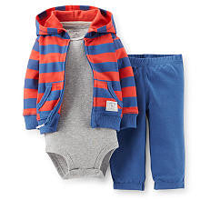 Carter's Boys 3 Piece Red Striped Zip Up Hoodie, Grey Bodysuit and Pant Set