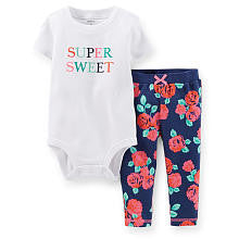 Carter's Girls 2 Piece White "Super Sweet" Embroidered Short Sleeve Bodysuit and Navy Floral Printed Pant Set