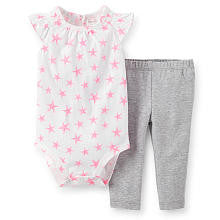 Carter's Girls 2 Piece White/Pink Star Printed Flutter Sleeve Bodysuit and Grey Pant Set