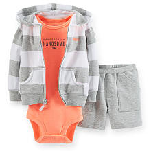 Carter's Boys 3 Piece Grey/White Striped Front Zip Hoodie, Grey Shorts and Orange "Dangerously Handsome" Bodysuit