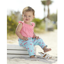 Carter's Girls 2 Piece Pink Flutter Sleeve Bodysuit with Ruched Neckline and Flamingo Printed Pant Set