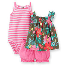 Carter's Girls 3 Piece Pink Stripe Sleeveless Bodysuit, Floral Printed Flutter Sleeve Top, and Bloomer Set