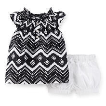 Carter's Girls 2 Piece Black/White Chevron Printed Flutter Sleeve Woven Top and White Twill Short Set