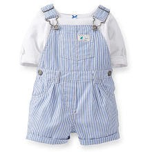 Carter's Girls 2 Piece Blue Stripe Woven Shortall with White Roll Cuff Slub T Shirt Set