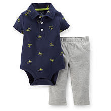 Carter's Boys Navy Sailboat Schiffli Print Short Sleeve Polo Bodysuit and Pant Set