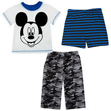 Disney Boys' 3 Piece White/Black Mickey Mouse Pajama Set with T Shirt, Striped Shorts and Camo Pants - Toddler