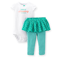 Carter's Girls 2 Piece White "Totally Amazing Like Mommy" Bodysuit and Turquoise Striped Pant with Attached Skirt Set