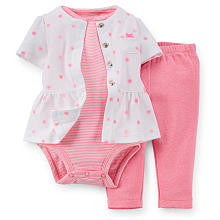 Carter's Girls 3 Piece Pink/White Striped Bodysuit, Polka Dot Short Sleeve Cardigan with Peplum Waist and Pant Set