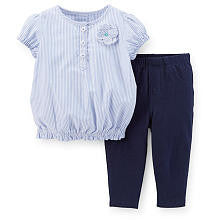 Carter's Girls 2 Piece Blue Striped Short Sleeve Bubble Top and Navy Legging Set