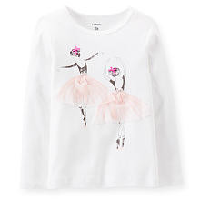 Carter's Girls White Ballerina Screen Print Long Sleeve T Shirt with Tulle Detail - Toddler