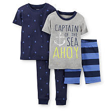 Carter's Boys Grey/Navy 4 Piece Cotton Pajama with Captain Of The Sea Printed Tops with Matching Pant Sets