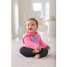 Carters Girls 3 Piece Pink Peplum Hooded Cardigan with Heart Art, Striped Rib Bodysuit and Navy Pant Set