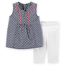 Carter's Girls 2 Piece Navy/White Printed Sleeveless Top with Crochet Trim and Legging Set