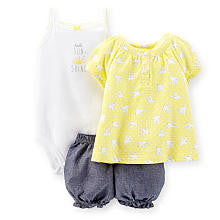 Carter's Girls 3 Piece Yellow Printed Knit Top, White "Hello Sun Shine" Bodysuit and Denim Chambray Bloomer Set