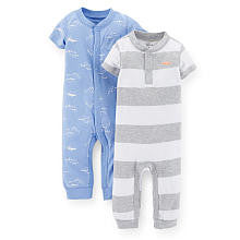 Carter's Girls 2 Pack Grey/White Striped and Blue Printed Short Sleeve Coveralls