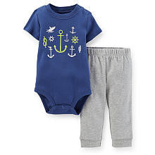 Carter's Boys 2 Piece Navy Short Sleeve Anchor Print Bodysuit and Grey Sweatpants Set