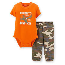 Carter's Boys 2 Piece Orange "Mommy's Little Wingman" Short Sleeve Bodysuit and Camo Print Pant Set