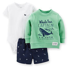 Carter's Boys 3 Piece Green "Whale Tours Captain" Sweatshirt, White Short Sleeve Bodysuit and Navy Schiffli Shorts Set