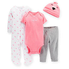 Carter's Girls 4 Piece Set with White Printed Footie, Pink Flamingo Hat, Pink "I Love You" Bodysuit and Grey Pant