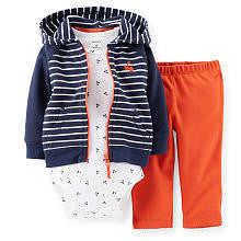 Carter's Girls 3 Piece Navy Striped Hooded Raglan Cardigan, Printed Rib Bodysuit and Red Pant Set