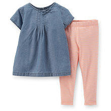 Carter's Girls 2 Piece Denim Chambray Short Sleeve Tunic and Striped Legging Set