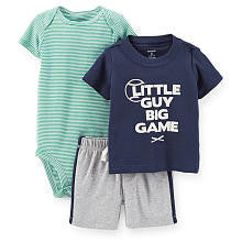 Carter's Boys 3 Piece Navy "Little Buy Big Game" Short Sleeve T Shirt, Striped Short Sleeve Bodysuit and Short Set