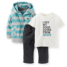 Carter's Boys 3 Piece "I Get My Good Looks From Daddy" T Shirt, Blue/Grey Striped Zip Up Hoodie and Pant Set