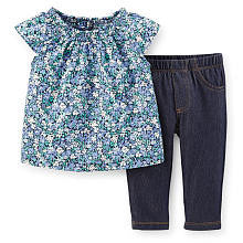 Carter's Girls 2 Piece Printed Poplin Top and Denim Knit Pant Set