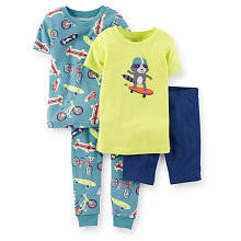 Carter's Boy 4 Piece Cotton Pajama with Yellow Raccoon on Skateboard and Light Blue Printed Short and Pant Sets -Toddler