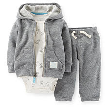 Carter's Boys 3 Piece Short Sleeve Dog Print Bodysuit, Grey Terry Zip Up Hoodie and Terry Sweatpants Playwear Set