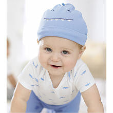 Carter's Boys 4 Piece Set with Footie, Blue Shark Hat, White Printed Bodysuit and Blue Pant