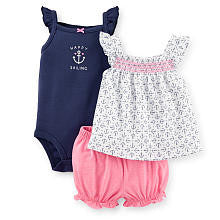 Carter's Girls 3 Piece "Happy Sailing" Sleeveless Bodysuit, White/Navy Anchor Print Top, and Pink Bloomer Set