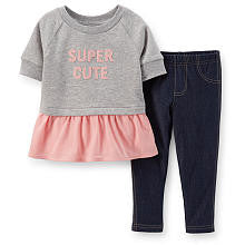 Carter's Girls 2 Piece Heather Grey Raglan "Super Cute" Knit Drop Waist 3/4 Sleeve Top and Knit Denim Legging Set