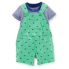 Carter's Boys 2 Piece Blue Striped Short Sleeve T Shirt and Green Turtle Schiffli Terry Shortall Set