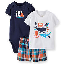 Carter's Boys 3 Piece White Whale Print T Shirt, Brown "Deep Sea Explorer" Bodysuit and Plaid Short Set