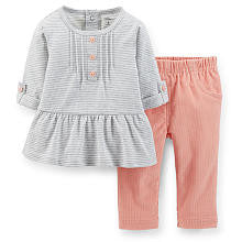 Carter's Girls 2 Piece Grey Striped Peplum Tunic and Light Pink Corduroy Pant Set