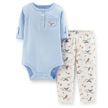 Carter's Girls 2 Piece Light Blue Roll Cuff Henley Bodysuit and White Printed Pant Set