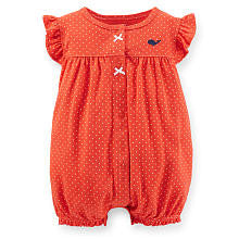 Carter's Girls Orange Polka Dot Romper with Flutter Sleeves and Whale Embroidery