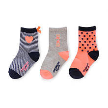 Oshkosh Girls 3 Pack Striped Heart, Grey "Dance" and Coral/Navy Polka Dot Socks