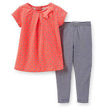 Carter's Girls 2 Piece Short Sleeve Coral Printed Tunic and Striped Legging Set